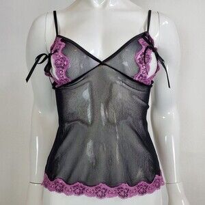 Vintage Y2K Victoria's Secret Black Mesh Purple Lace Lingerie Top